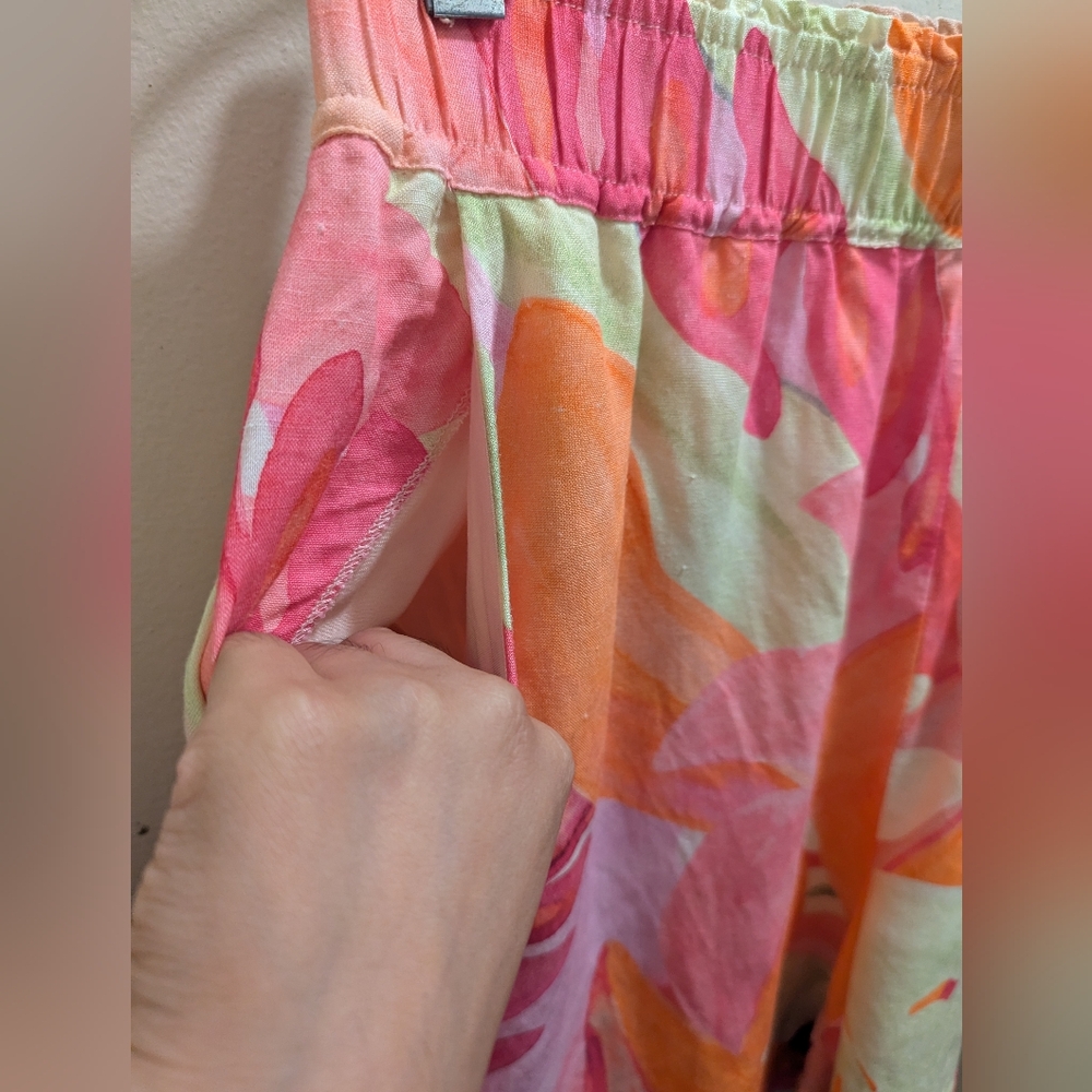 H&M Linen Blend Pull-On Shorts High Waist Pockets Pink Orange Leaf-Patterned- L - Picture 5 of 12